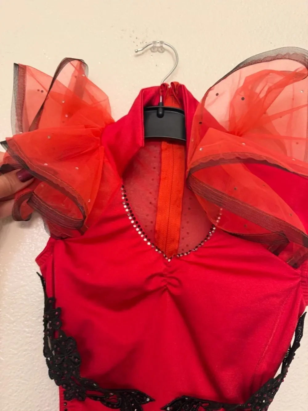 Kelle dance contemporary jazz acro costume black red Fire on Fire 5218Child LC